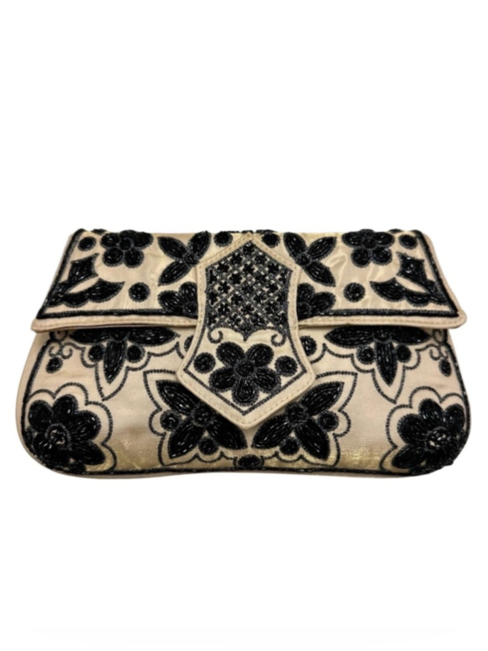 Vintage Beaded Clutch Black Champagne Chain Floral Evening Glam Style